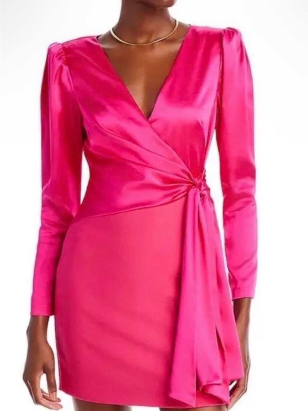 Cinq à Sept Layne Long Sleeve Satin Faux Wrap Minidress in hot pink retail $585